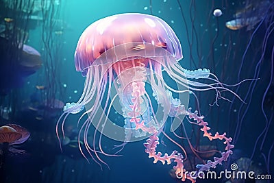 Fantasy magic Jellyfish swims in the ocean sea. With Ai generated Stock Photo