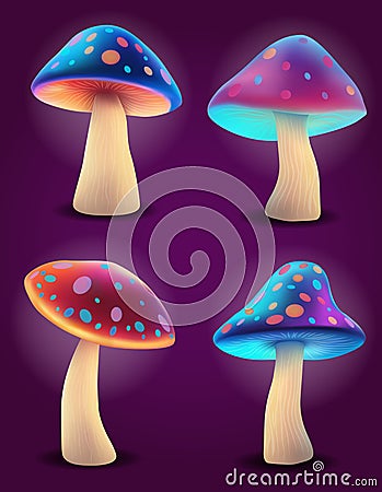 fantasy magic multicolored mushrooms narcotic and intoxicating shine luminous vector illustration Vector Illustration