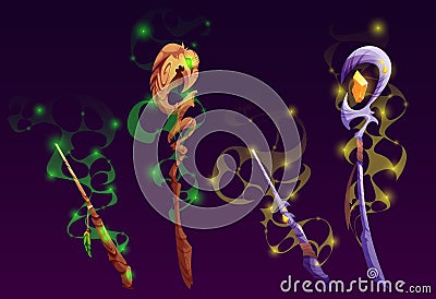 Fantasy magic staves and wands, wizard scepters Vector Illustration