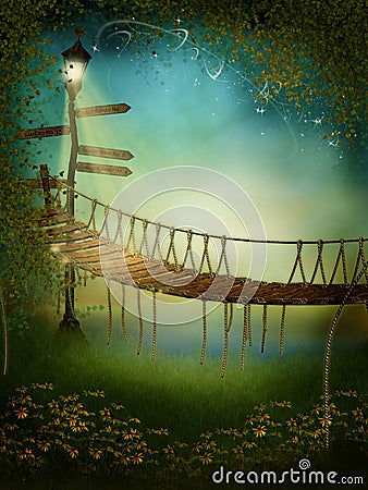 Fantasy meadow with a bridge Stock Photo