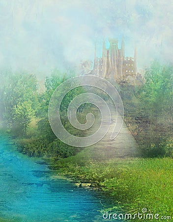 Fantasy meadow with a fairytale tower Cartoon Illustration