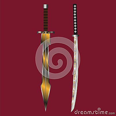 Fantasy medieval magic swords, runes and symbols. Fantasy weapons. Vector Illustration