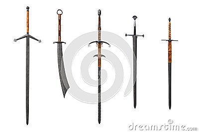 5 fantasy medieval swords. 3D rendering isolated on white Cartoon Illustration