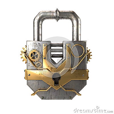 Fantasy metal padlock in steampunk style on isolated white background. 3d illustration Stock Photo