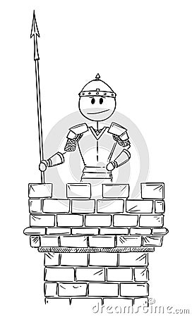 Soldier Guard Guarding on Castle Tower, Vector Cartoon Stick Figure Illustration Vector Illustration