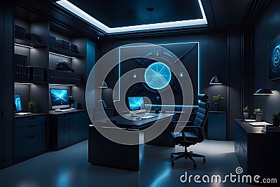 a fantasy modern and futuristic work environment with a bold city view executed by Ai Stock Photo