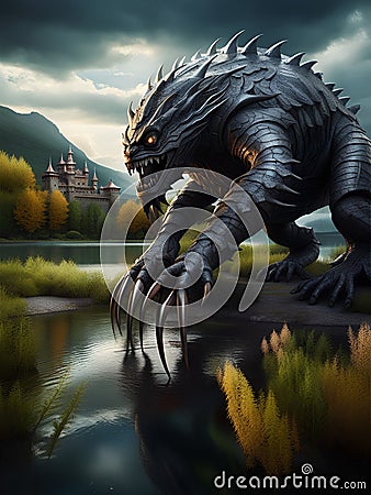 Fantasy Monster go into the lake, near a Castle, Sky with clouds, generative ai illustration Cartoon Illustration