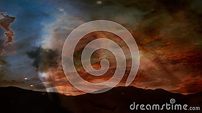 Fantasy Mountain Range. Night Sky, Stars space Ambient Abstract Background Stock Photo