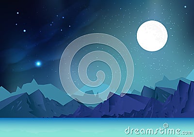 Fantasy mountains abstract background vector illustration with planet and galaxy space, stars scatter on milky way, landscape of Vector Illustration