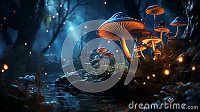 Fantasy mushroom and blue butterfly in fairy tale dreamy elf forest, fairytale nature. generative ai Stock Photo
