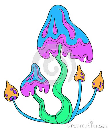 Fantasy mushroom. Colorful neon psychedelic fungi drawing Vector Illustration