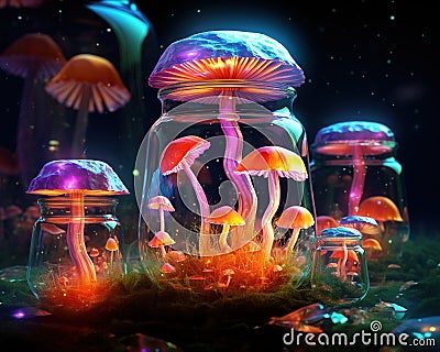 Fantasy mushrooms are in a glass jar. Cartoon Illustration