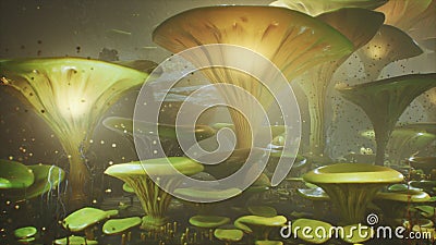 Fantasy mushrooms in a magic forest. Beautiful magic mushrooms in the lost forest and fireflies on the background with Stock Photo