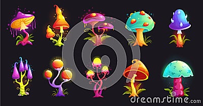 Fantasy mushrooms. Magic fungus, hallucinogenic neon fluorescent mushroom and alien forest fungi cartoon vector Vector Illustration