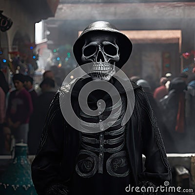 Fantasy and mystic illustration with iron skeleton wearing black coat and helmet going in crowd of people background Cartoon Illustration