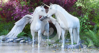 Fantasy mythical white Unicorn and Pegasus in an enchanted forest . Stock Photo