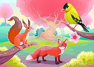 Fantasy natural scenery with funny animals Vector Illustration