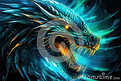 Fantasy neon dragon. Fantasy dragon head with glowing eyes. Stock Photo
