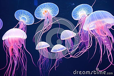 Fantasy neon medusa in sea deep blue water. Glowing vivid transparent underwater jellyfish dreamlike wallpaper Stock Photo