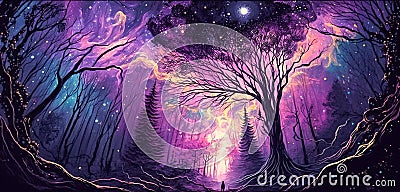 Fantasy night forest with moon and stars. Fantasy landscape, northern lights. Mystical illustration in violet tones Cartoon Illustration
