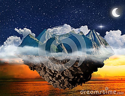 Fantasy night lanscape, mountain island floating above sea and starry sky with moon Stock Photo