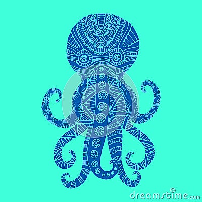 Fantasy ornament beautiful octopus, blue color, vintage style. Vector Illustration