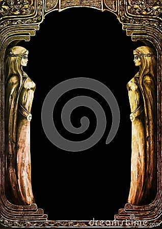Fantasy ornamental frame with female statues Stock Photo