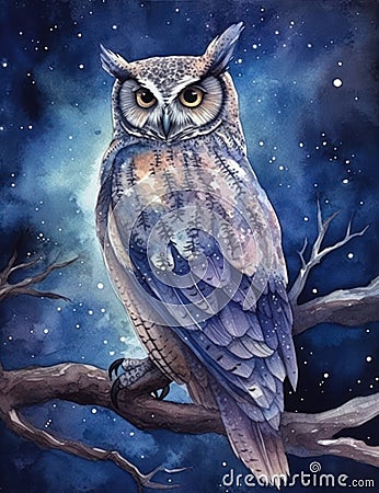 Fantasy Owl in a Magical Watercolor Night Sky Background . Stock Photo