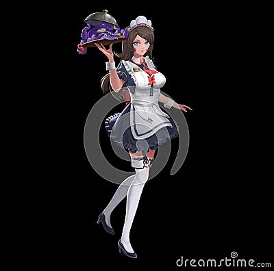 A fantasy painting illustration of medieval maid character with fantasy creature food isolated on black background with Cartoon Illustration