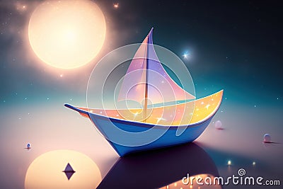 Generative AI: fantasy paper boat sailing in a magic landscape Stock Photo