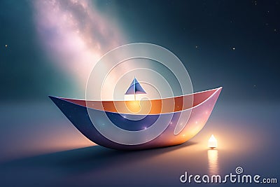 Generative AI: fantasy paper boat sailing in a magic landscape Stock Photo