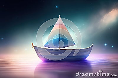 Generative AI: fantasy paper boat sailing in a magic landscape Stock Photo