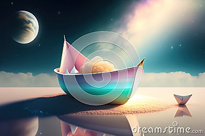 Generative AI: fantasy paper boat sailing in a magic landscape Stock Photo