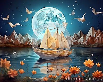 fantasy paper boat sling in a magic landscape. Cartoon Illustration