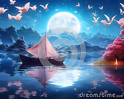 fantasy paper boat sling in a magic landscape. Cartoon Illustration