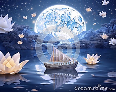 fantasy paper boat sling in a magic landscape. Cartoon Illustration