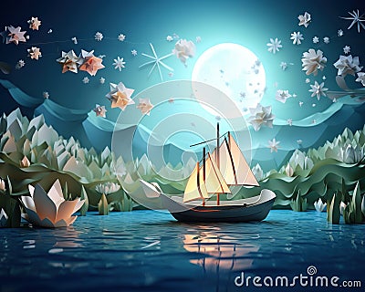 fantasy paper boat sling in a magic landscape. Cartoon Illustration