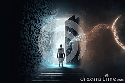 Fantasy passage of disintegrating into binary of dark abstract information data Stock Photo