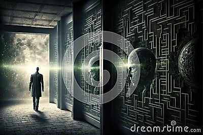 Fantasy passage of disintegrating into binary of dark abstract information data Stock Photo