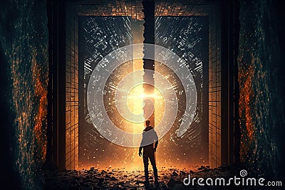 Fantasy passage of disintegrating into binary of dark abstract information data Stock Photo