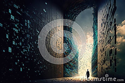 Fantasy passage of disintegrating into binary of dark abstract information data Stock Photo