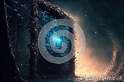Fantasy passage of disintegrating into binary of dark abstract information data Stock Photo