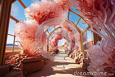 Fantasy Path In The Crystal Desert: Sands of Enchantment. Covered Way In A Prismatic Desert. Generative AI Stock Photo