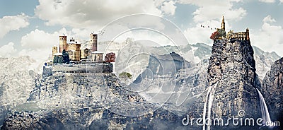 Fantasy photomanipulation of medieval landscape in winter with c Stock Photo