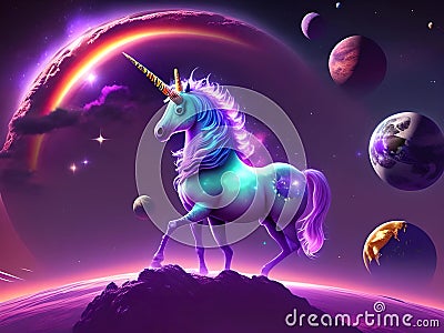 A beautiful colorful unicorn, with the solar system in the background, generated by AI. Stock Photo