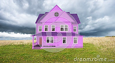 Fantasy Pink House, Meadow, Clouds Stock Photo