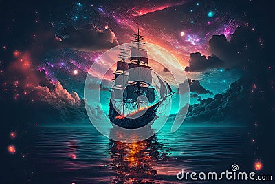 Fantasy pirate boat against galactic sky, ai generative Cartoon Illustration