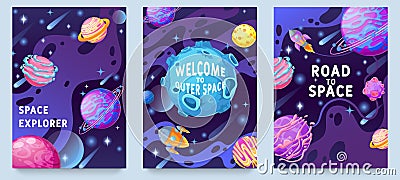 Fantasy planets kids posters. Multicolor cosmic objects, space galaxy world design for flyer, magazine, poster or book Vector Illustration