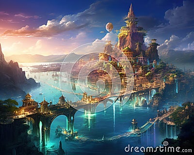 Fantasy port city by technology medieval fantasy port city. Cartoon Illustration