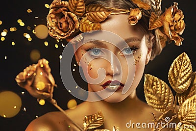 Fantasy portrait closeup woman with golden skin, lips, body. Girl in glamour wreath gold roses, accessories jewellery Stock Photo